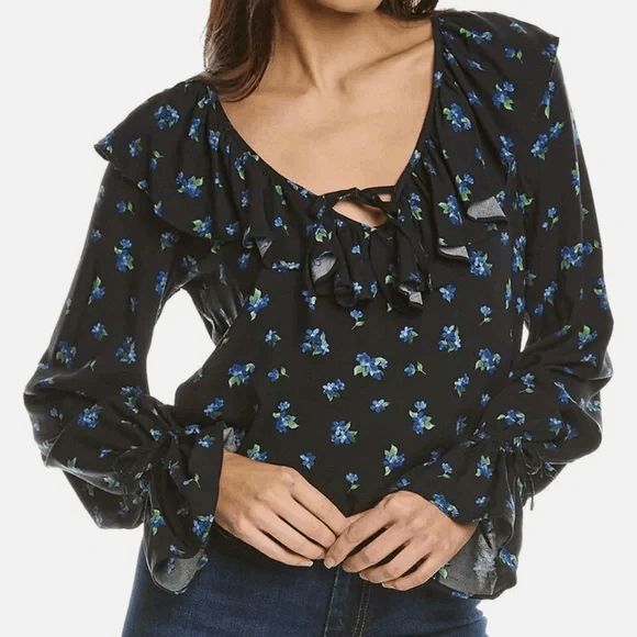 WeWoreWhat Black Floral Cropped Blouse NWT Size Large Boho Floral Blouse - Picture 1 of 10